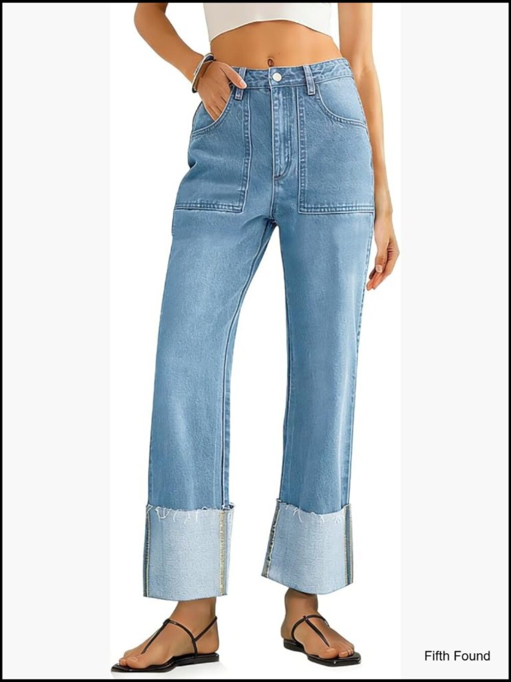High Waisted Baggy Wide Leg Cuffed Boyfriend Jeans with Deep Pockets